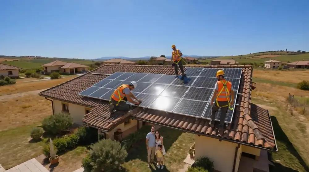 Técnicos de Extremasol instalando placas solares en el tejado de una vivienda